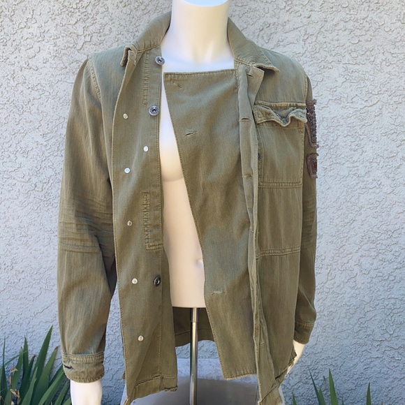 Free People embellished beaded eagle green utility military army jacket coat - Picture 11 of 15